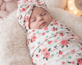 Swaddle Set in Garden Floral with Bow Turban, bow Hat & Bow Headbands set stretchy soft vintage bamboo cotton baby girl summer winter