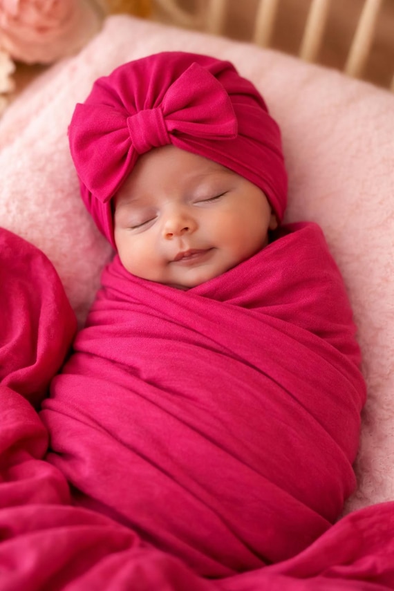 Soft Pink Baby Swaddle Set: Jersey Knit Blanket and turban bow Hat