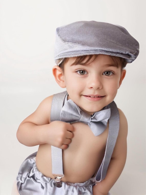 Gray Cake Smash Boy First Birthday super soft cotton dark gray Diaper Cover, light gray Suspenders, bow tie light gray color.