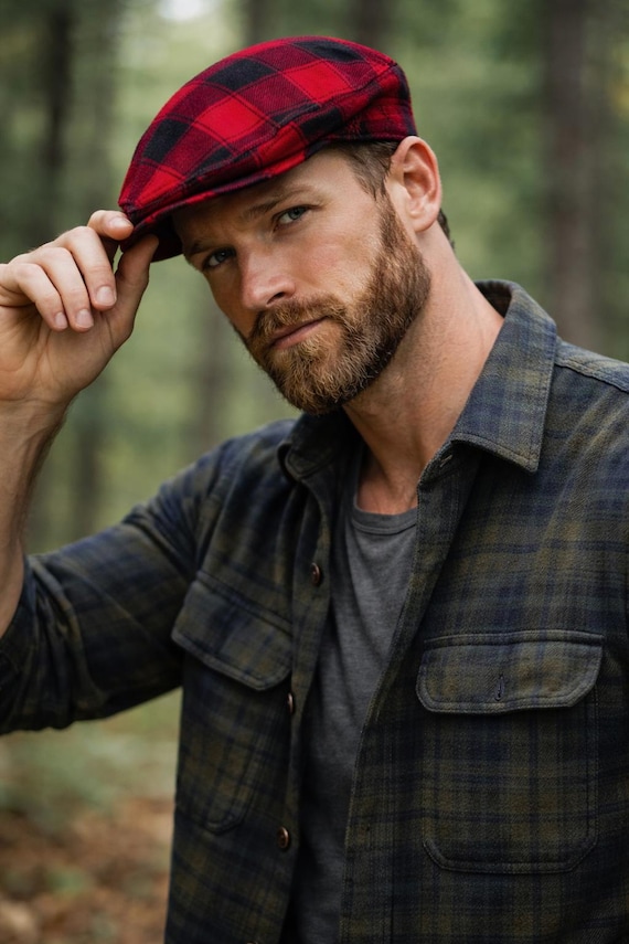 Red and Black Buffalo Check Flat Cap, Red Buffalo Plaid Newsboy Hat, Birthday Boy Buffalo Plaid Hat, Man Lumberjack Plaid Flat Cap Hat Gift