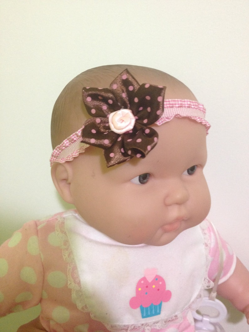 pink and brown baby headband Polka dot baby headband chocolate baby headband pink polka dot headband fall headband pink rose headband