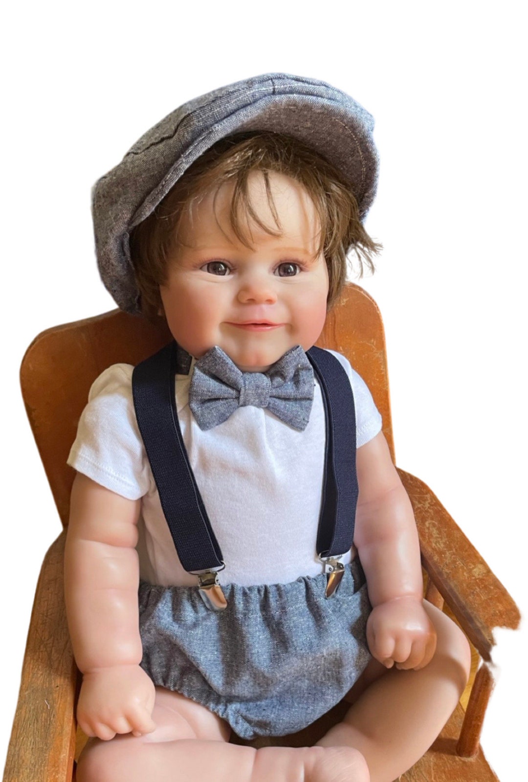 Light denim sitter set - baby boy photo prop - baby clothes - vintage style - flat cap - cake smash outfit main image 1