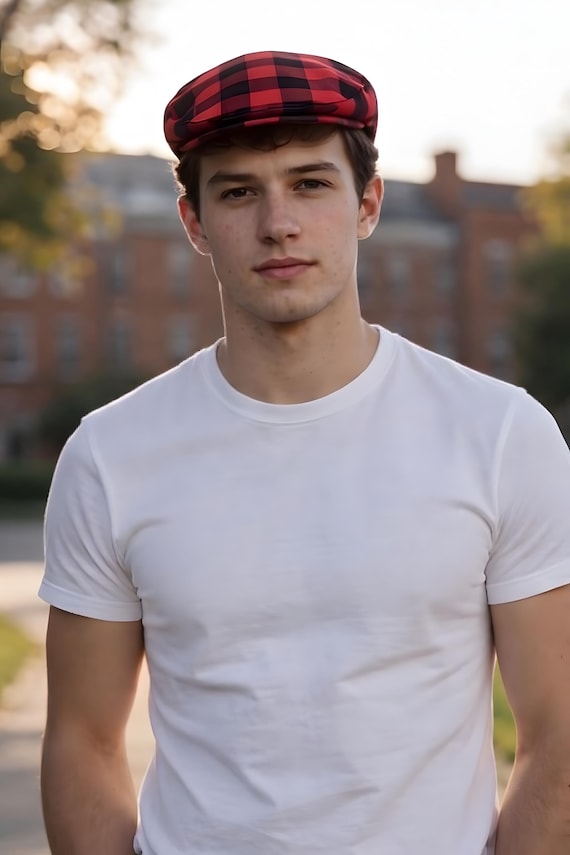 Red and Black Buffalo Check Flat Cap In Lumberjack Plaid