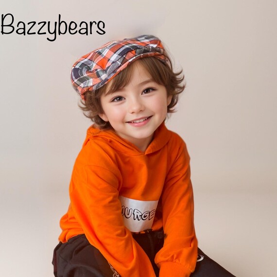 boys flat cap, fall Thanksgiving baby flat cap in orange plaid, newsboy flat cap, made to order, mens flat cap, blue orange plaid hat, navy