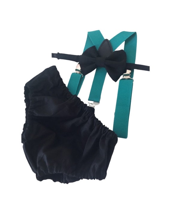 1st Birthday boy cake smash Outfit Bow tie bloomers Suspenders teal black bow tie, boy outfit,bloomers,diaper cover