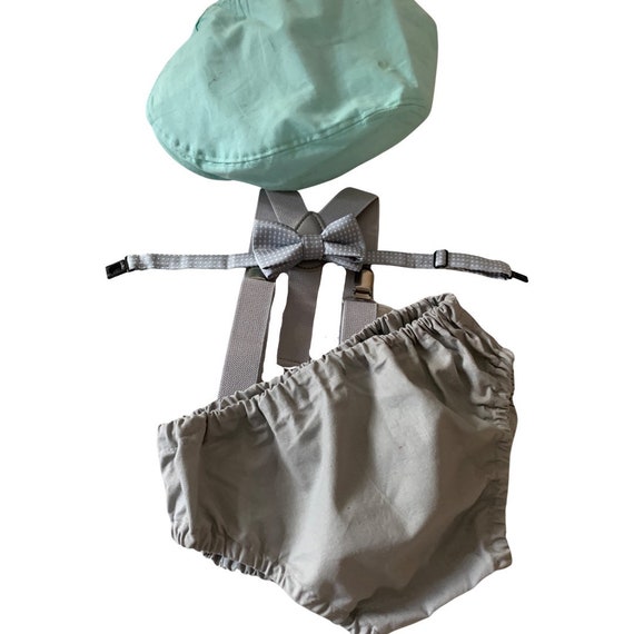 1st Birthday boy cake smash bow tie suspenders outfit 12 mo Teal, gray, boy outfit, bloomers, diaper cover