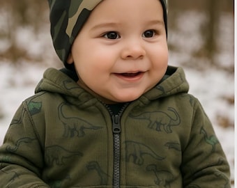 Reversible Green Camo and Solid Black Slouchy Beanie Hat - Unisex Baby Toddler Kids Women Men Adult