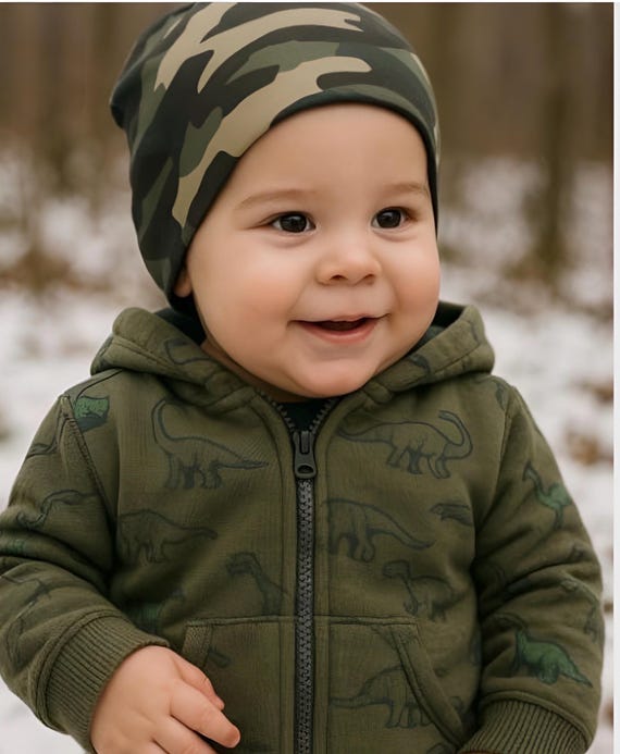 Reversible Green Camo and Solid Black Slouchy Beanie Hat - Unisex Baby Toddler Kids Women Men Adult