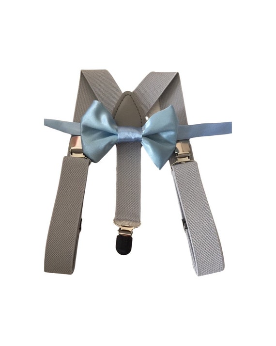 Blue Bow Tie and Medium gray Suspenders, Quality boys, Toddler Suspenders, Boys, Kids, Ring Bearer Gift, Light Blue, Fog, Mist, Braces,
