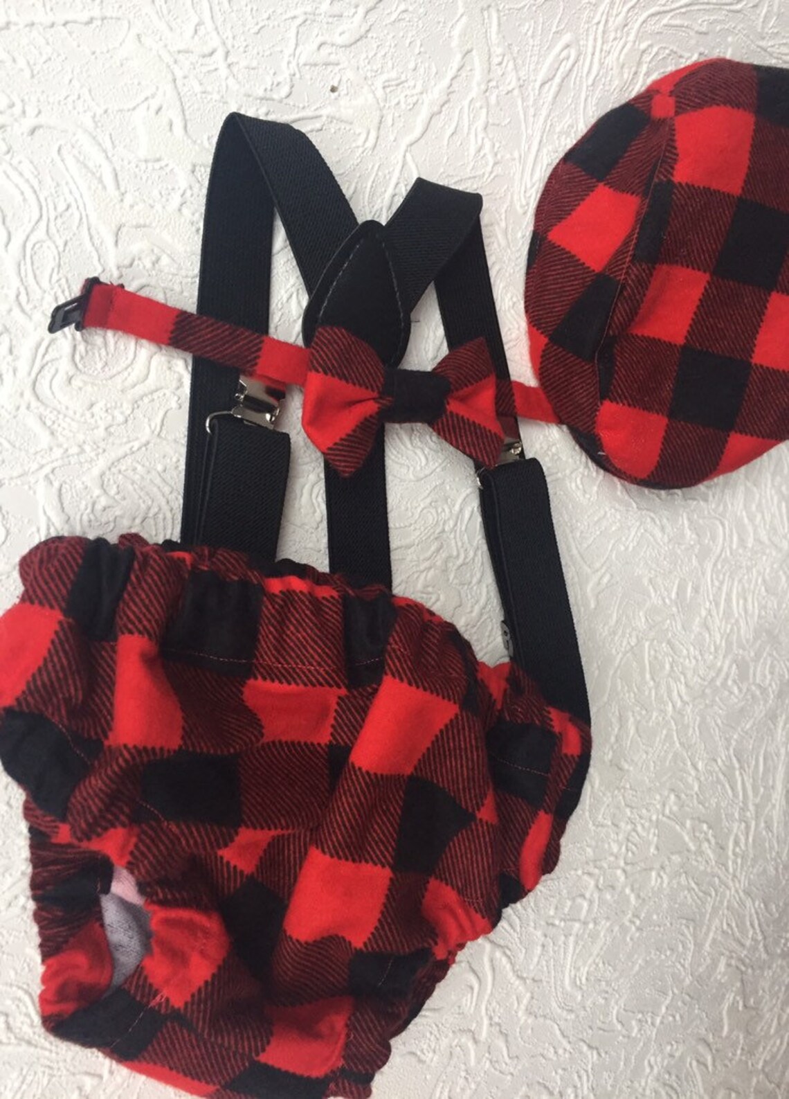 Cake Smash Outfit Boy Buffalo Plaid Set Buy the Piece Diaper Cover Bow Tie Suspenders Boys First 1st Birthday Lumberjack Photoshoot woodland
