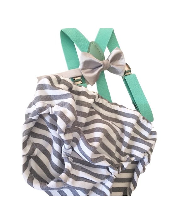 1st Birthday boy cake smash Outfit Bow tie bloomers Suspenders Gray stripe mint, boy outfit,bloomers,diaper cover