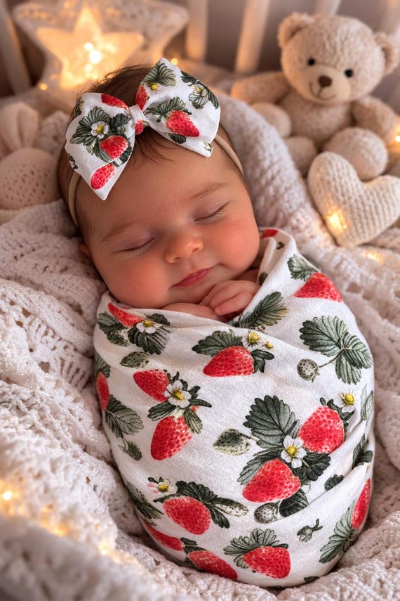 RED STRAWBERRY Swaddle Blanket Newborn Baby Girl Coming Home Outfit Name Berry Blanket Baby Shower Gift Hospital Photo Outfit