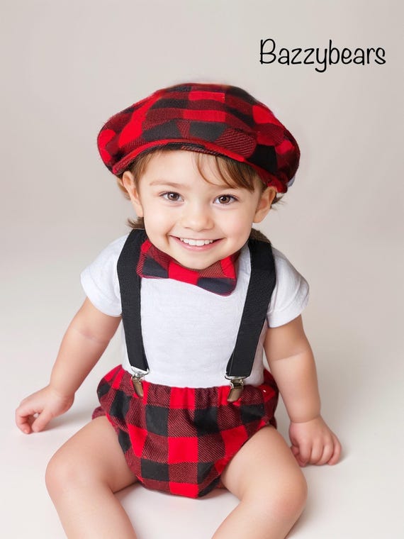 Cake Smash Outfit Boy Girl Buffalo Plaid Set or Buy the Piece Diaper Cover Bow Tie Suspenders Boys First 1st Birthday Lumberjack Photoshoot