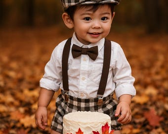 Conjunto de niñera a cuadros marrones - accesorio para fotos de bebé niño - ropa de bebé - estilo vintage - gorra plana - atuendo para aplastar pastel
