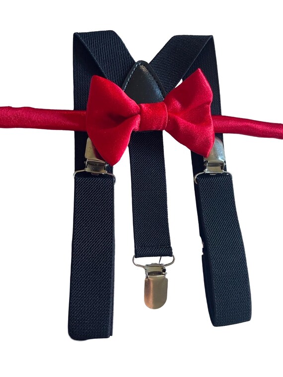 Red bow tie and black suspenders set, Christmas bowtie and suspenders, red satin boy's bow tie, toddler suspenders, kid's suspenders