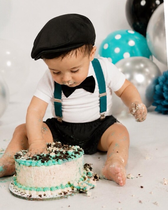 1st Birthday boy cake smash Outfit Bow tie bloomers Suspenders teal black bow tie, boy outfit,bloomers,diaper cover