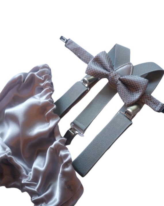 Cake Smash Outfit Gray Blue — Boys First Birthday Outfit Gray Blue — Baby L Bow Tie & Baby Gray Diaper Cover with Gray Suspenders