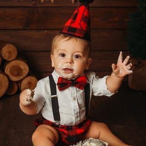 Cake Smash Outfit Boy Girl Buffalo Plaid Set or Buy the Piece Diaper Cover Bow Tie Suspenders Boys First 1st Birthday Lumberjack Photoshoot main image 0