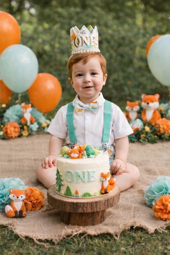 Woodland Fox Baby Boy Cake Smash Outfit Bloomer Diaper Cover, Suspenders and Bow Tie Set