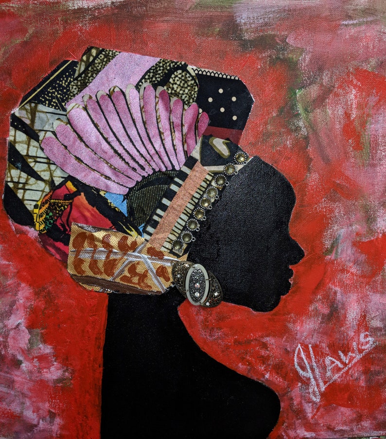 May include: A black silhouette of a person with a pink and black patterned head wrap. The background is a red and white abstract design. The image is signed "Jaws".