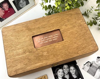 Personalised Wooden Keepsake Box, Hand Stamped Copper Plaque Memory Box, Wedding Birthday Baby Gift – L34.5cm x W20cm x H10cm