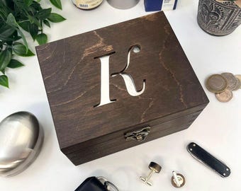 Initial Trinket Box – Personalised Dark Oak & Aluminium – Handmade Gift for 10th Anniversary, Birthday or Special Keepsakes - Cufflink Box
