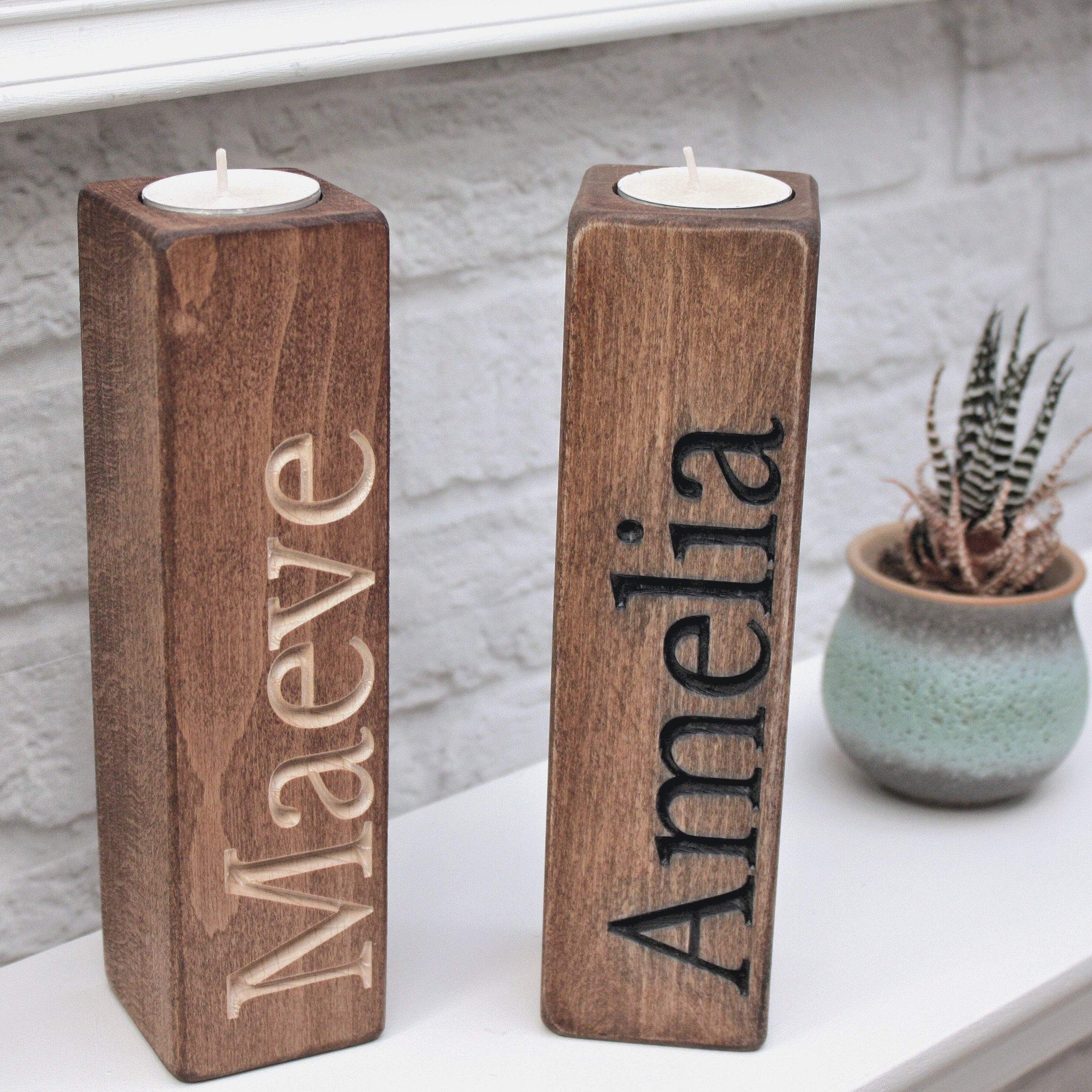 Wooden Carved Tealight Holders Name Candles Mr & Mrs Gift Etsy