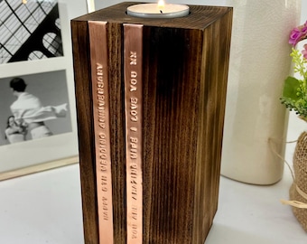 Wooden Tealight Block Holder - Personalised Copper Gift - 7th Anniversary - Handcrafted Beech Candle Holder - 5th Anniversary
