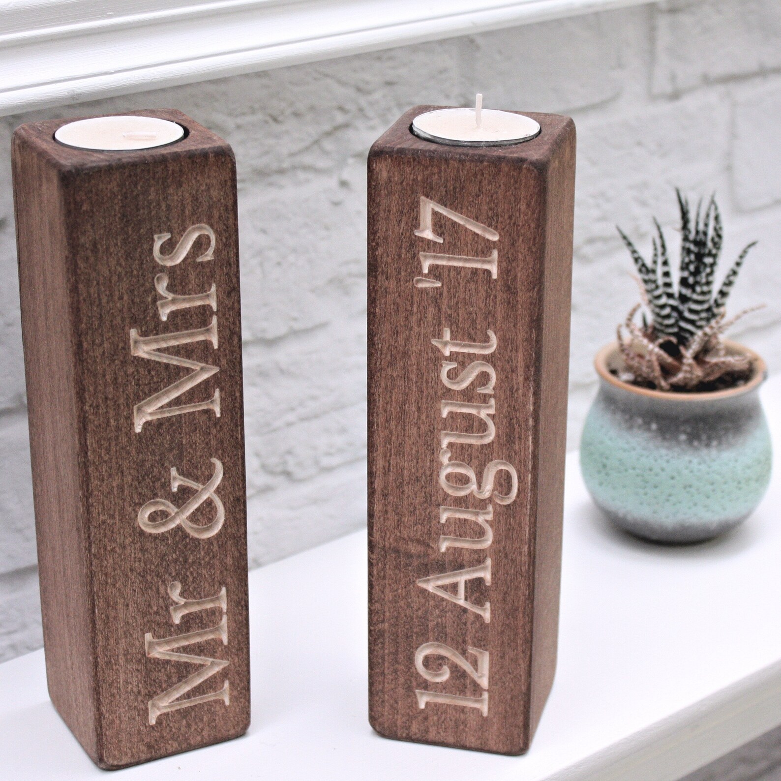 Wooden Carved Tealight Holders Name Candles Mr & Mrs Gift Etsy