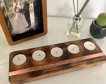 Personalised Beech Wood 5 Tealight Holder with Stamped Copper Message – Flame-Torched Two-Tone Whiskey Wax Finish