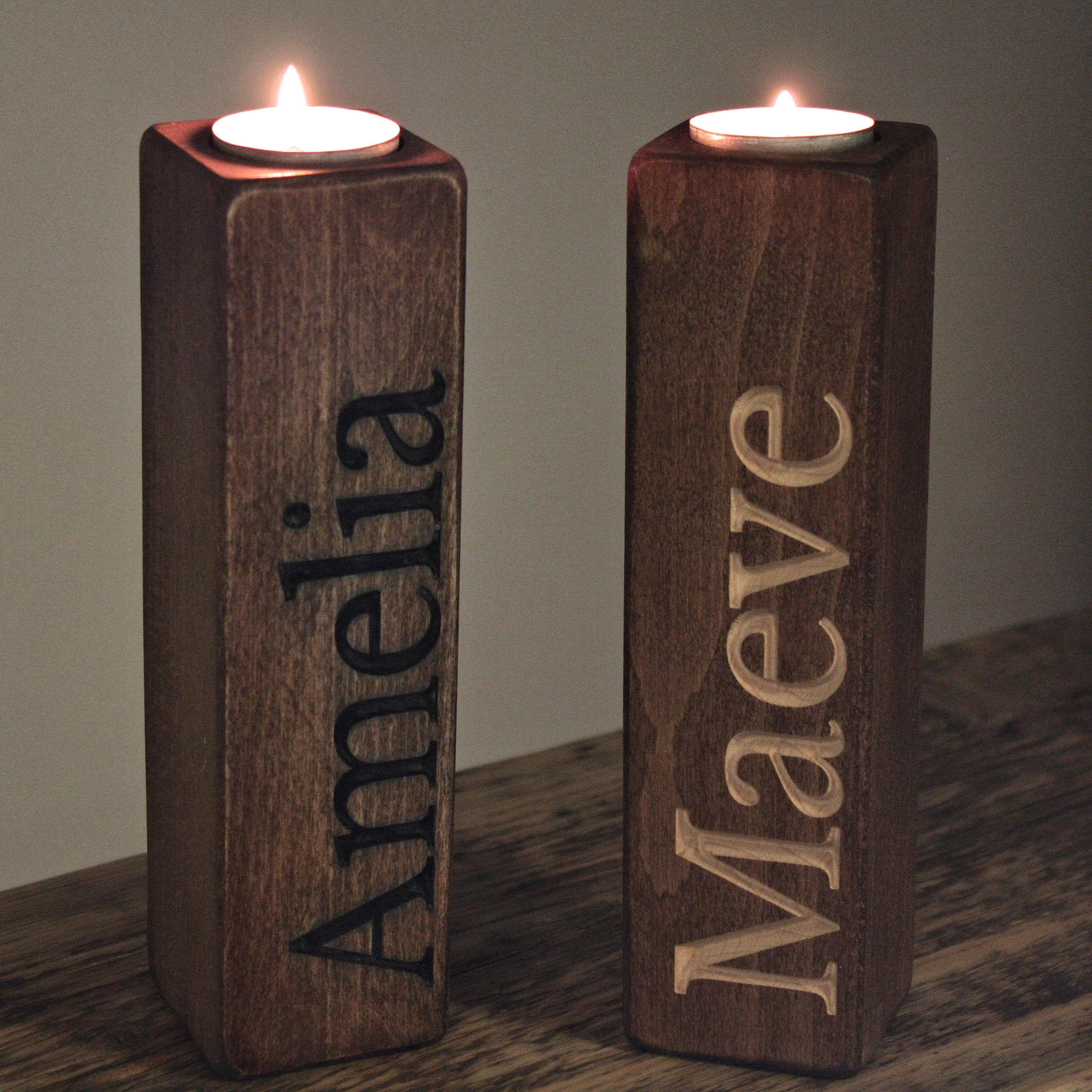 Wooden Carved Tealight Holders Name Candles Mr & Mrs Gift Etsy