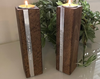 Two Personalised Wooden Candle Tealight Holders with Aluminium or Copper Message