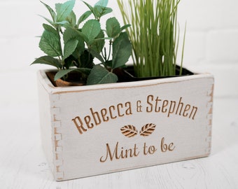 Rebecca & Stephen Wooden Carved Shabby Chic Personalised Plant Pot - Wooden Storage Holder - Anniversary Gift - Wedding Present