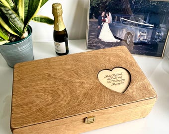 Personalised Wooden Memory Box, Custom Heart Keepsake Box, Engagement & Wedding Gift, Laser Engraved Wood Veneer Plaque, L34.5cm x W20cm