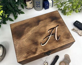 Wooden Letter Cufflink and Watch Box  - Personalised Jewellery Storage - Trinket Box - Handcrafted Wooden Box - Copper Gift 7th Anniversary