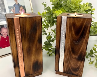 Personalised Beech Wood Tealight Holder | Hand-Stamped Copper Anniversary Gift