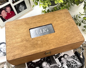 Personalised Wooden Keepsake Box, Etched Aluminium Monogram Initials Memory Box, Wedding Birthday Gift – L34.5cm x W20cm x H10cm