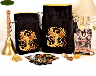 Phoenix - Tarot Bag, Oracle Cards, or Crystal Bag , All Natural Cotton  and Hand Woven Silk Divination Pouch