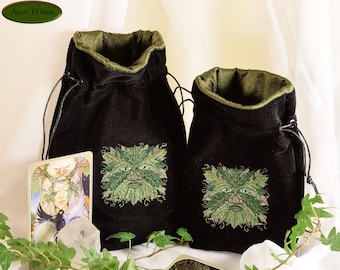 Green Man   - Tarot Bag, Oracle Cards, or Crystal Bag , All Natural Cotton  and Hand Woven Silk Divination Pouch