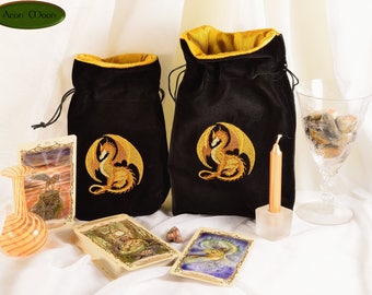 Golden Dragon - Tarot Bag, Oracle Cards, or Crystal Bag , All Natural Cotton and Hand Woven Silk Divination Pouch