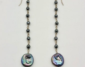 Peacock Black Pearl with Black Hematite Drop Earrings