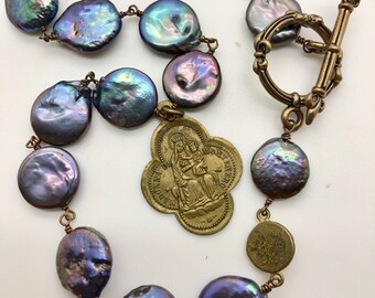 Italian Antique Madonna Di Montenero & Saint Giuseppe Pregate Per Noi Icon Choker Necklace