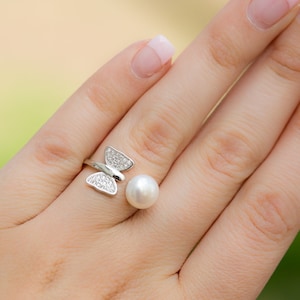 Christian Ring, Silver Butterfly Pearl Ring, Faith Ring, Adjustable Butterfly Ring, Pearl Ring, Mother&#39;s Day Gift, Easter Gift