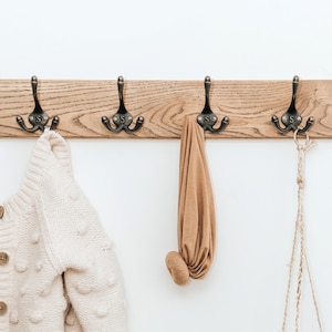 Solid Oak Vintage Wood Wooden Coat Rail / Rack with Cast Iron Triple Style Hooks Handmade