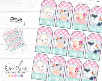 Tagi upominkowe Pink Barnyard Bash, podziękowania za przyjęcie na farmie, natychmiastowe pobranie