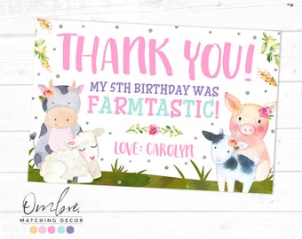 Różowa kartka z podziękowaniami za przyjęcie w stodole, kartka z podziękowaniami za przyjęcie urodzinowe na farmie