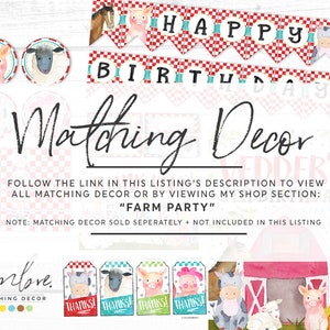 May include: Farm-themed party decorations featuring a red and white chequered pattern. Includes a "Happy Birthday" banner, matching decor, and tags with farm animal illustrations. The text reads "Matching Decor" and "Farm Party".