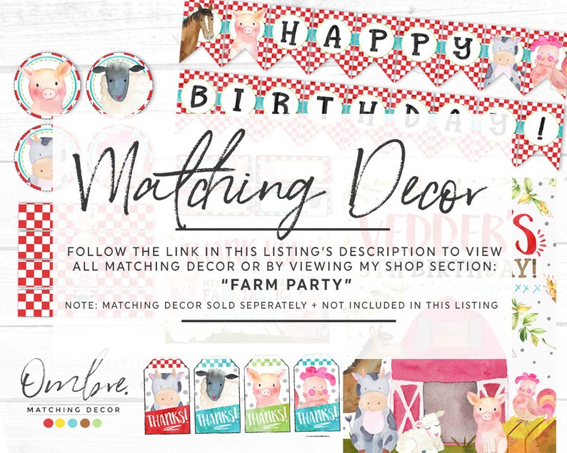 May include: Farm-themed party decorations featuring a red and white chequered pattern. Includes a "Happy Birthday" banner, matching decor, and tags with farm animal illustrations. The text reads "Matching Decor" and "Farm Party".