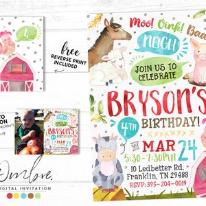 May include: A watercolour farmyard birthday invitation with a rooster, barn, cow, pig, horse, and sheep. The invitation includes the text "Bryson's 4th Birthday!" with event details. A photo option is available.