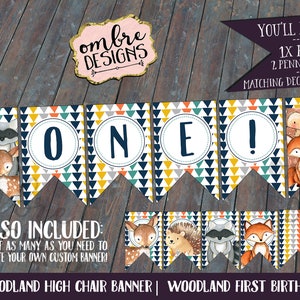 Woodland First Birthday Banner, Highchair Banner, Instant Download, Includes extra forest animal pennants!
